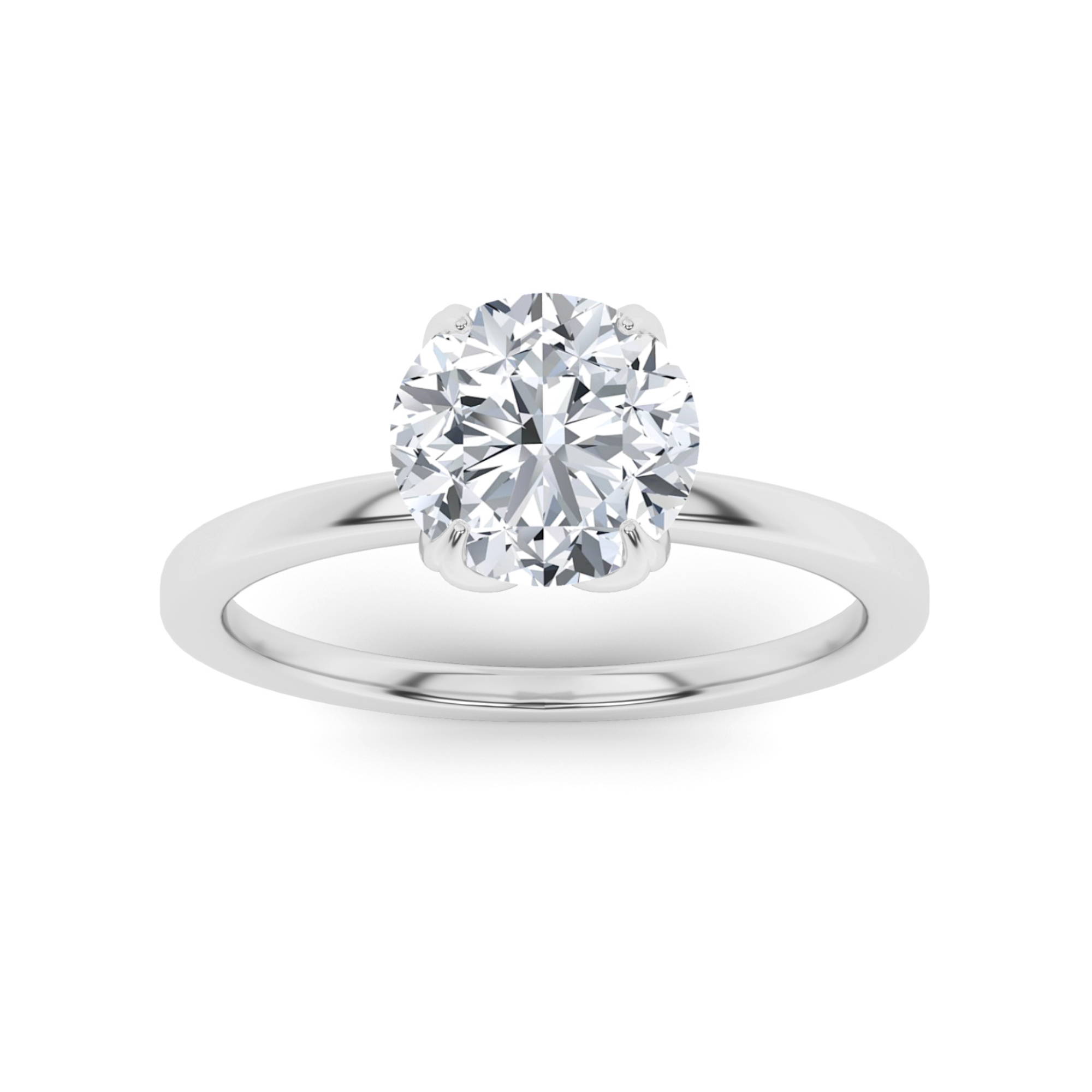 Flower Style 4 Prong Round Solitaire Diamond Engagment Ring in 9K White Gold