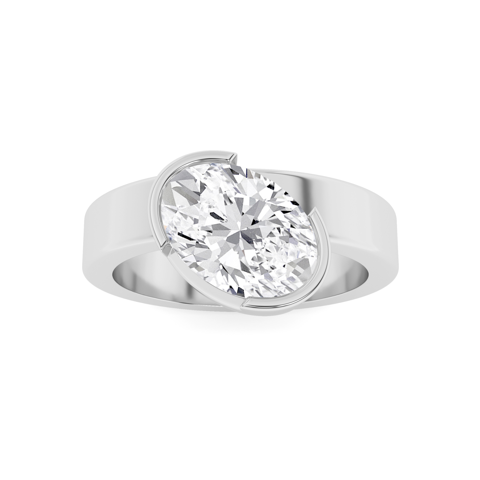 Modern Bezel Setting Oval Solitaire Diamond Engagement Ring In 9K White Gold