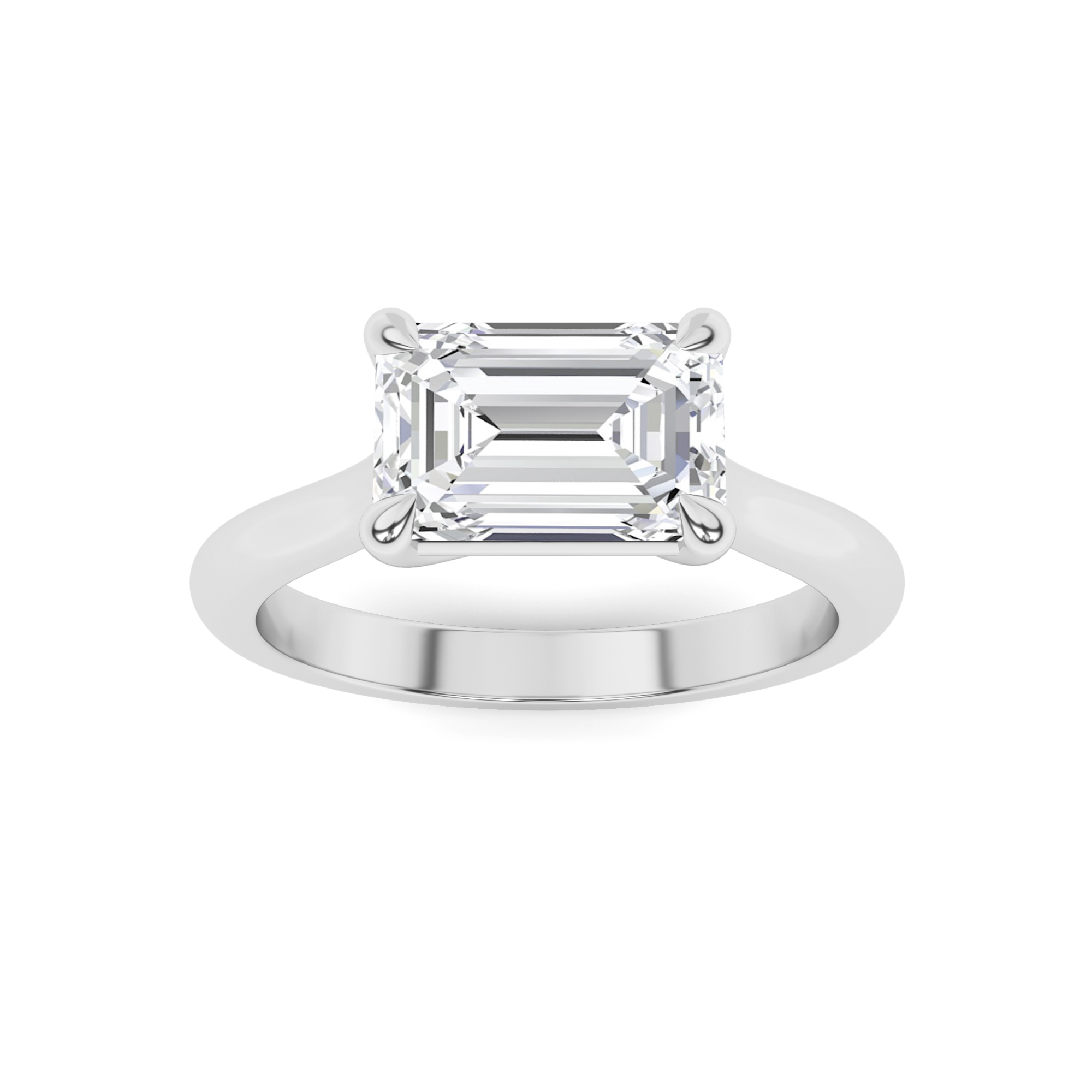 Four Claw Emerald Solitaire Engagment in 9K White Gold Sideways Diamond Ring