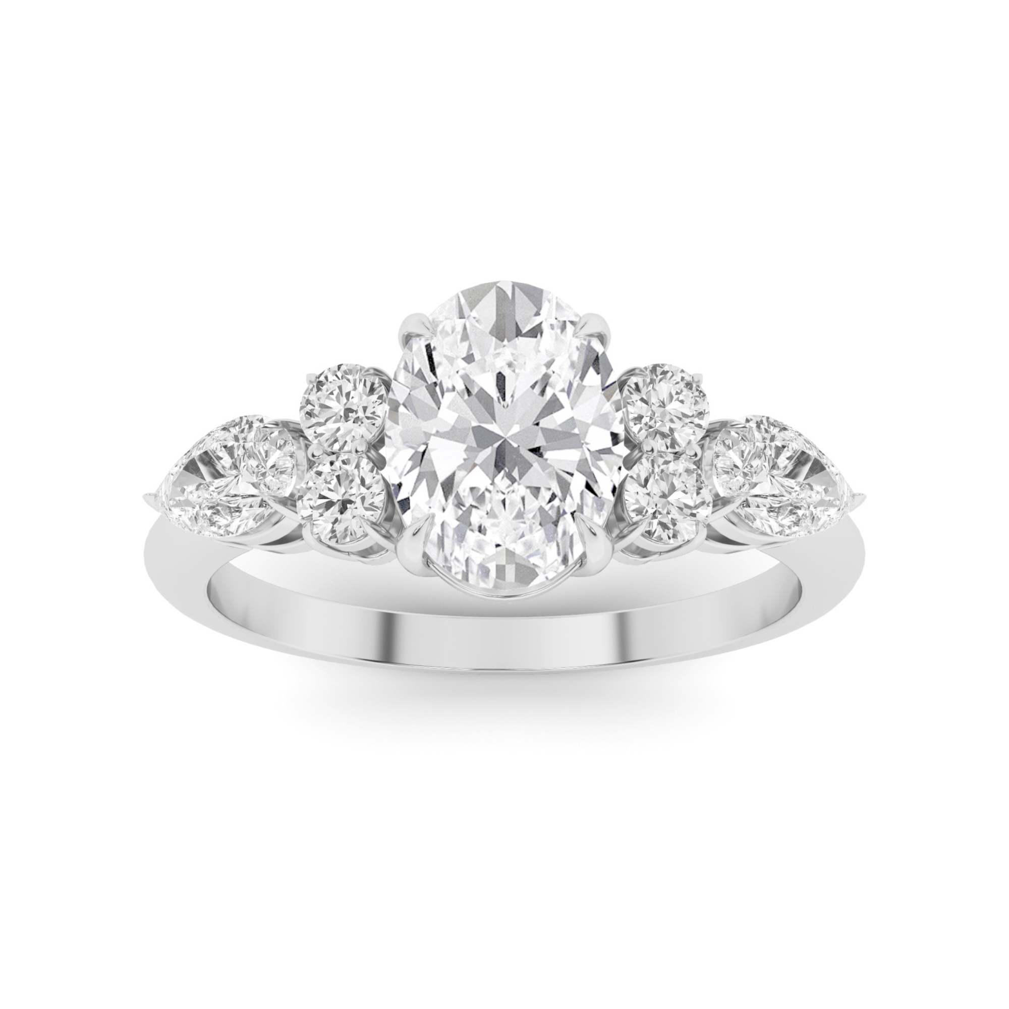 4 Prong Oval And Pear Cut Three Stone  Diamond Engagment in 9K White Gold Traditional Engagement Ring