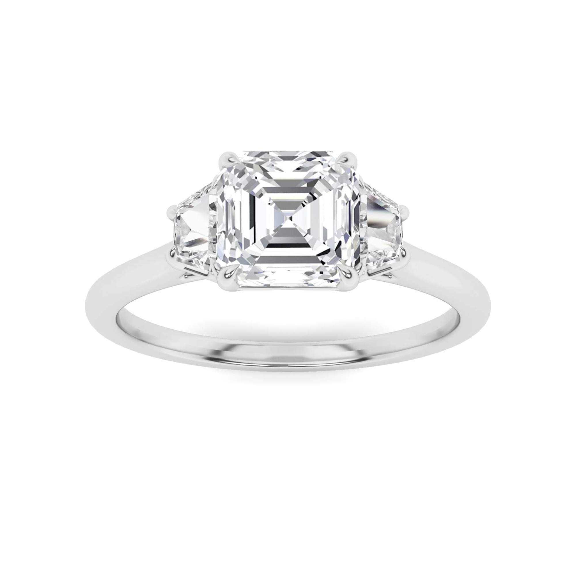 4 Prong Round And Trillion Cut Three Stone  Engagment in 9K White Gold Forever Diamond Ring