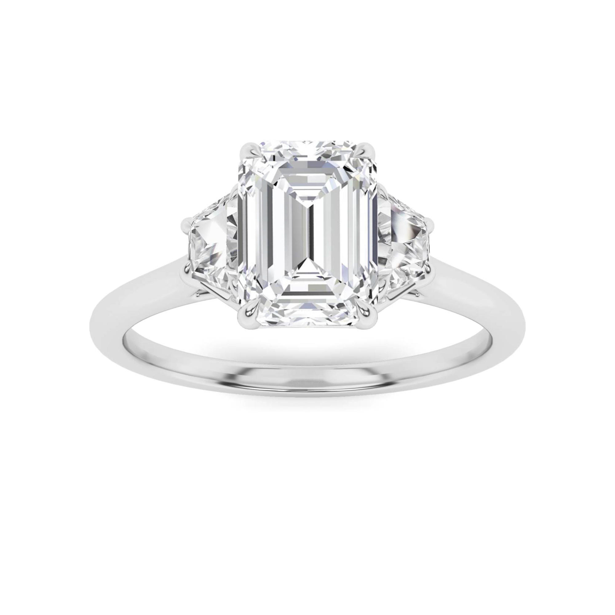 4 Prong Round And Trillion Cut Three Stone  Engagment in 9K White Gold Forever Diamond Ring
