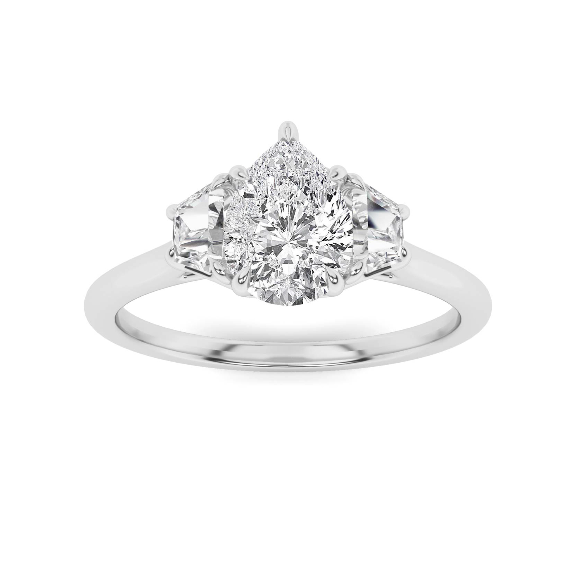 4 Prong Round And Trillion Cut Three Stone  Engagment in 9K White Gold Forever Diamond Ring