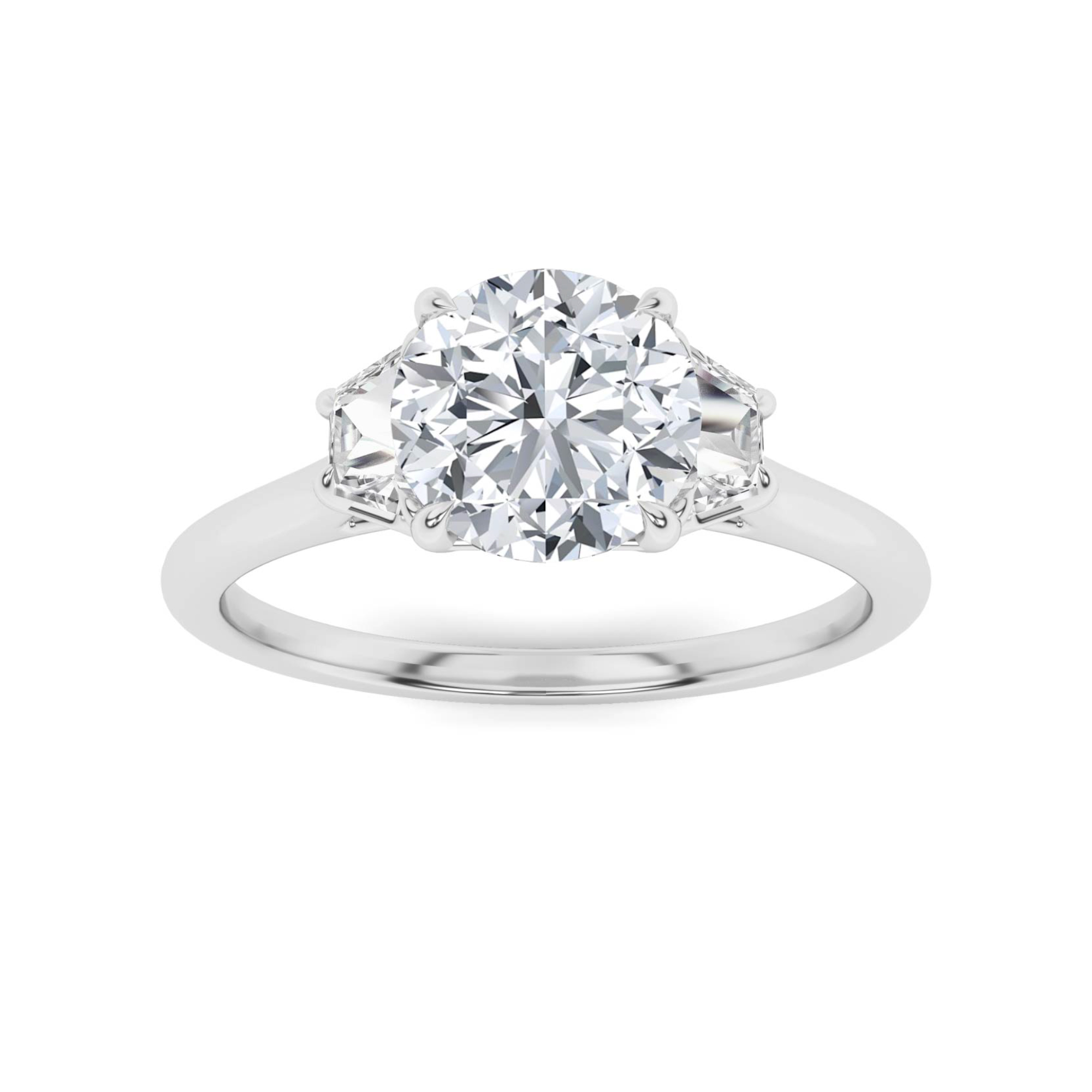 4 Prong Round And Trillion Cut Three Stone  Diamond Engagment in 9K White Gold Forever Engagement Ring