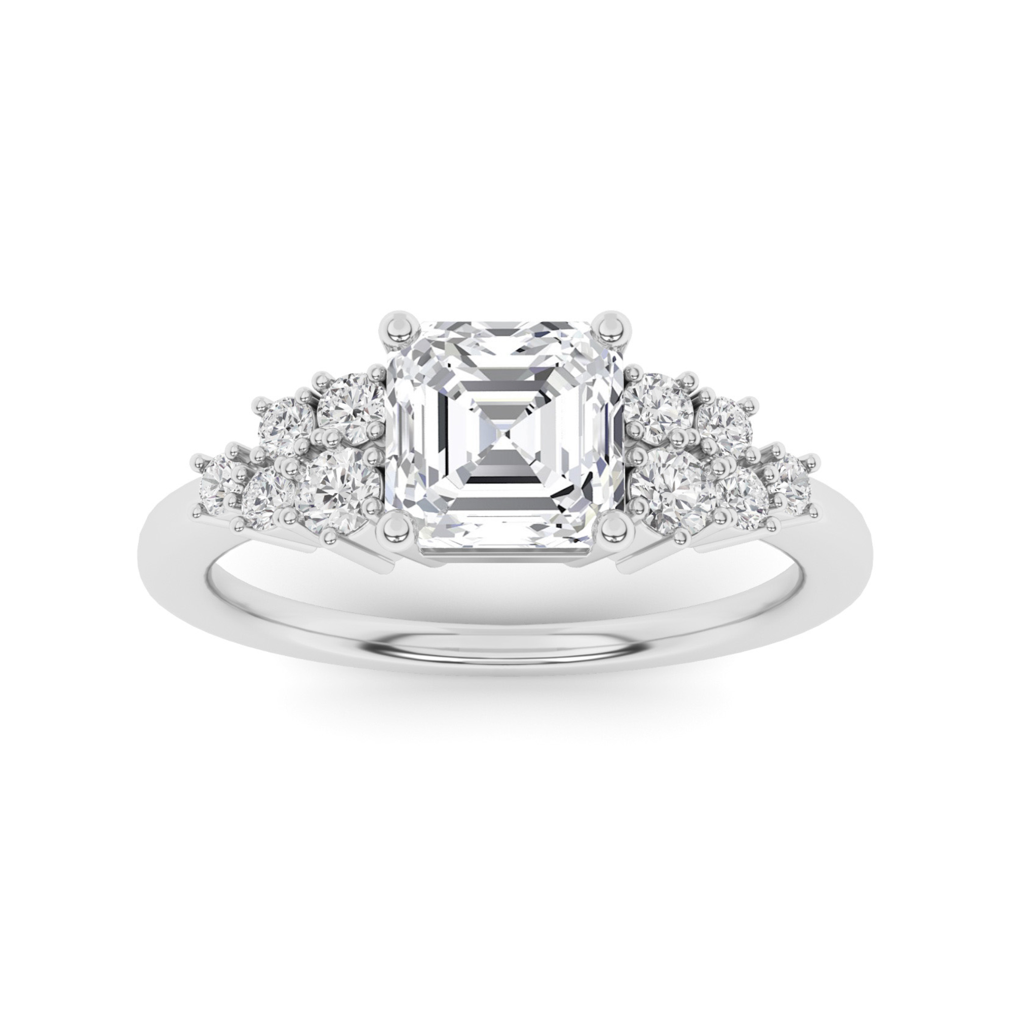 Multi 6 Prong Round Cut  Three Stone Style Engagment in 9K White Gold Tapering Diamond Ring