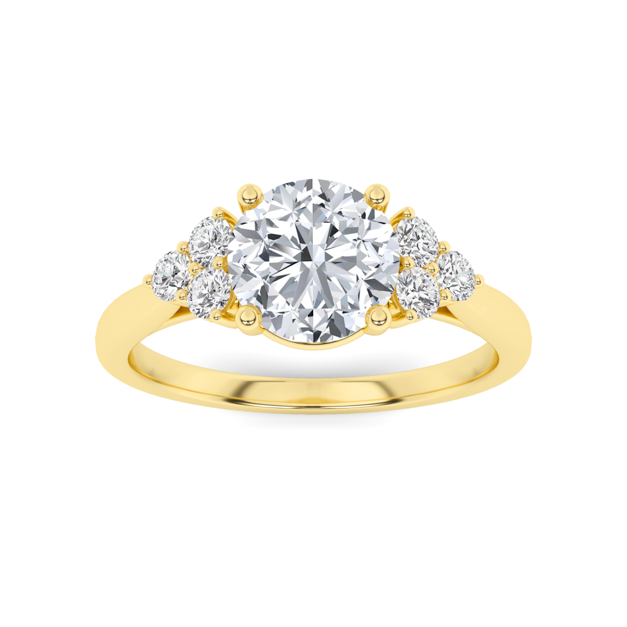 4 Prong Round Cut Three Stone  Diamond Engagment in 9K Yellow Gold Glamorous Engagement Ring