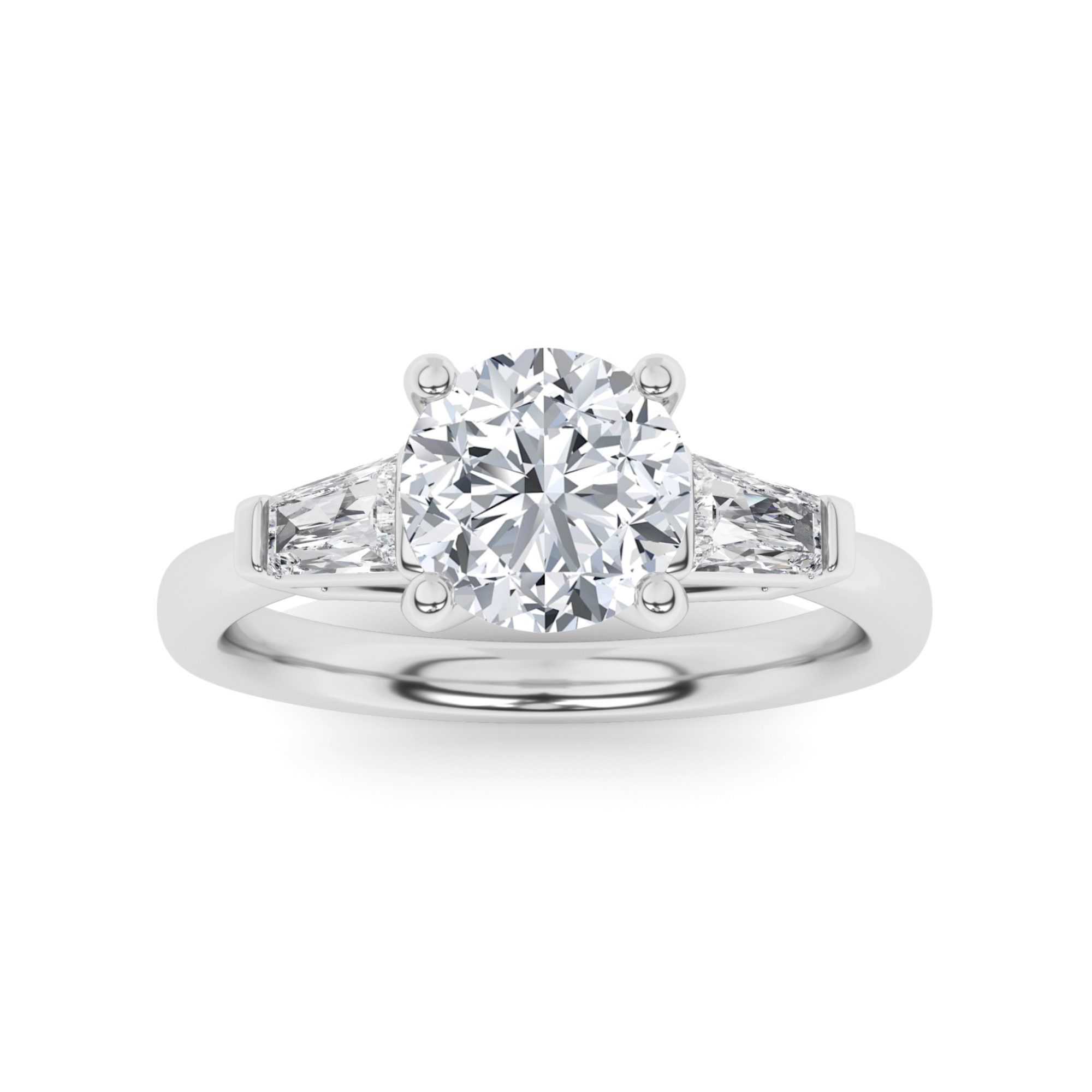 4 Prong Round And Tapering Baquette Three Stone  Diamond Engagment in 9K Yellow Gold Silver Exquisite Engagement Ring