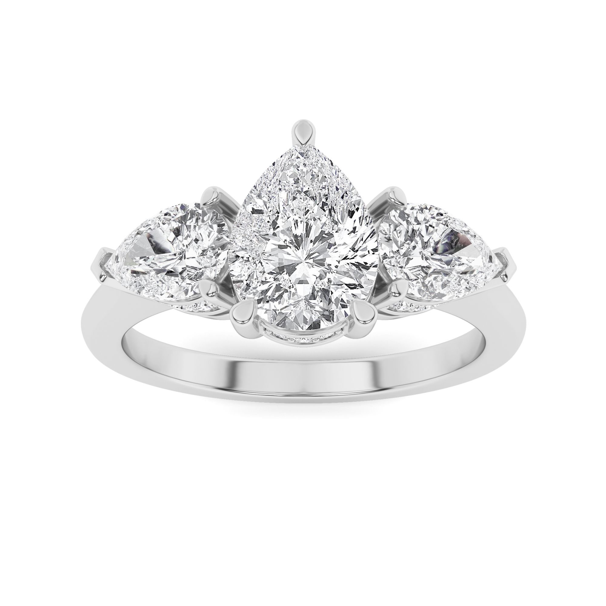 with Side Round and Pear Cut Three Stone Diamond Engagment in 9K White Gold Designer Engagement Ring