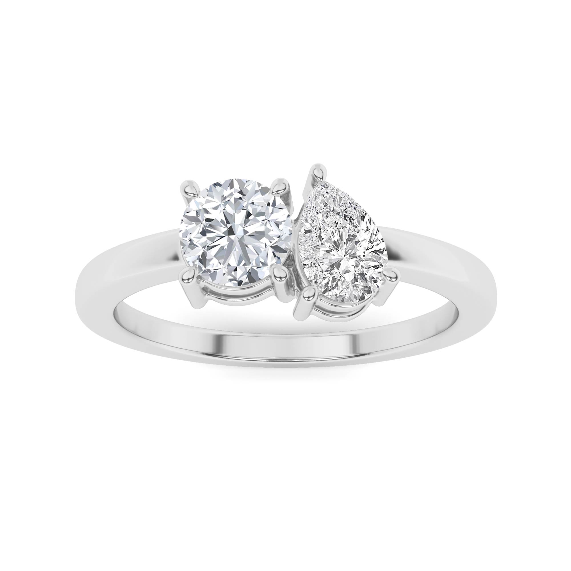 Style Round And Pear Cut Diamond in 9K White Gold Silver Toi Et Moi Engagement Ring